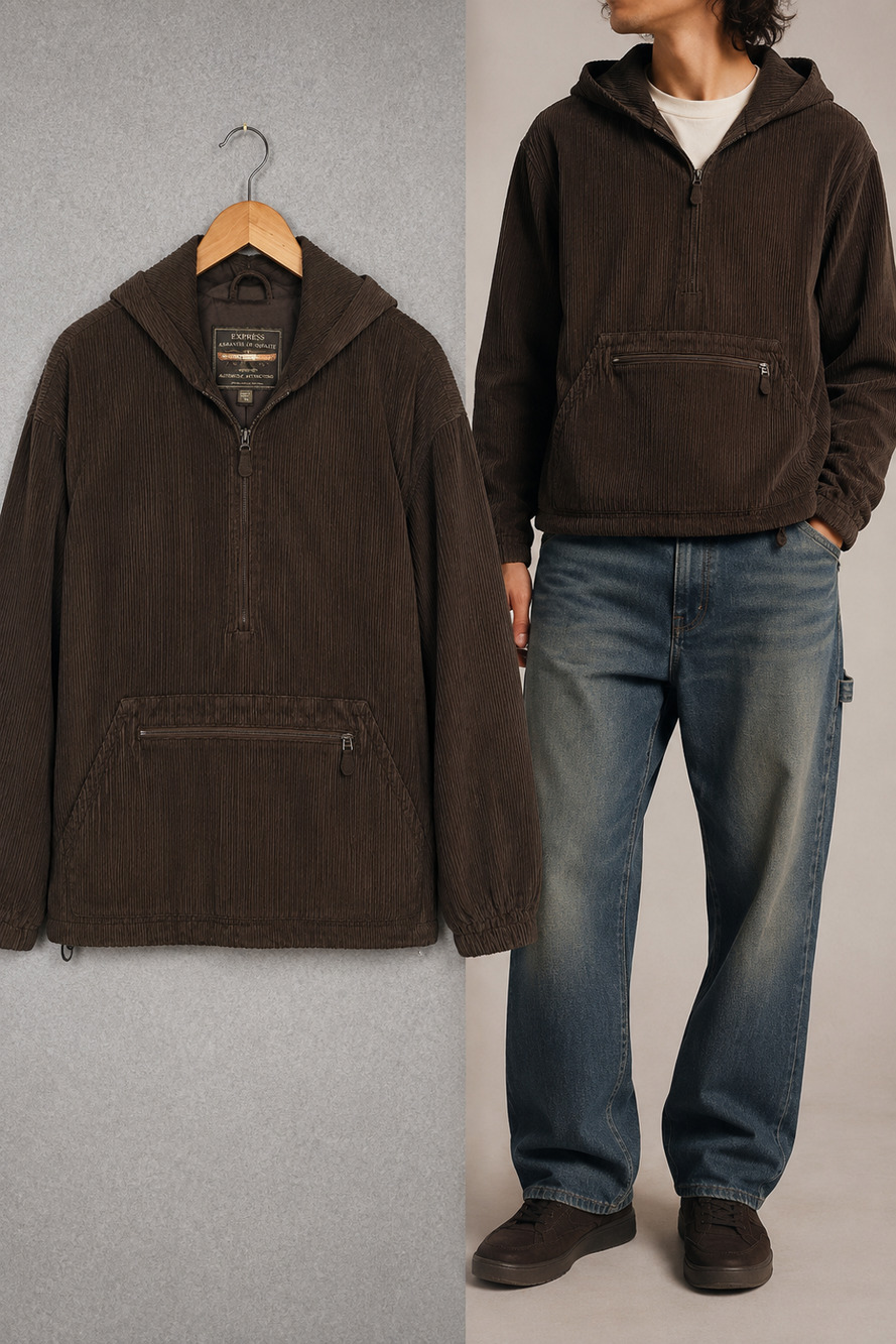 Express Mens L Brown Wide Wale Corduroy Anorak Hoodie Vintage Y2K